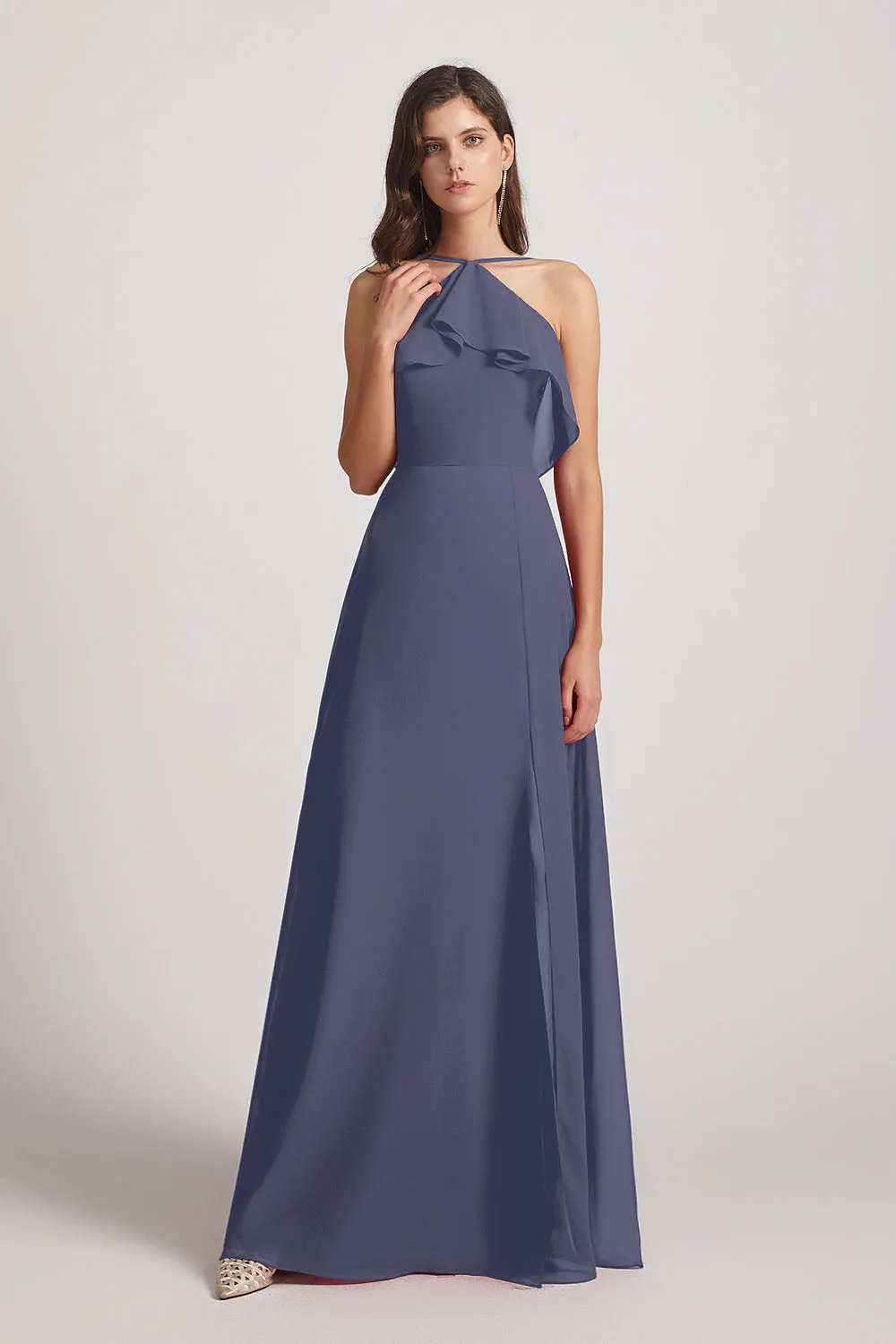 Ruffled Neckline Halter A-Line Chiffon Bridesmaid Dresses (AF0022)