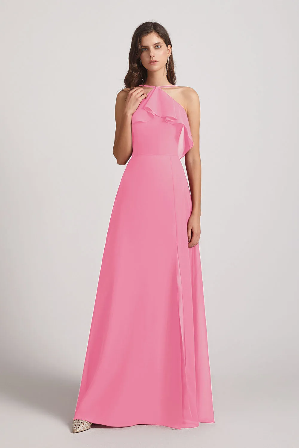 Ruffled Neckline Halter A-Line Chiffon Bridesmaid Dresses (AF0022)