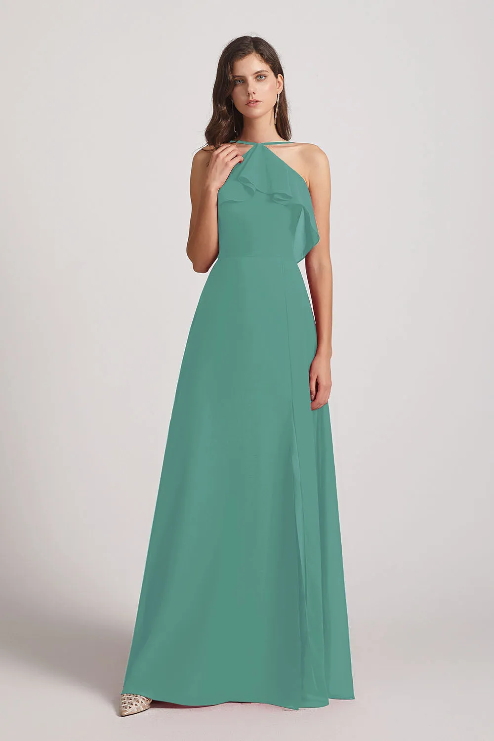 Ruffled Neckline Halter A-Line Chiffon Bridesmaid Dresses (AF0022)