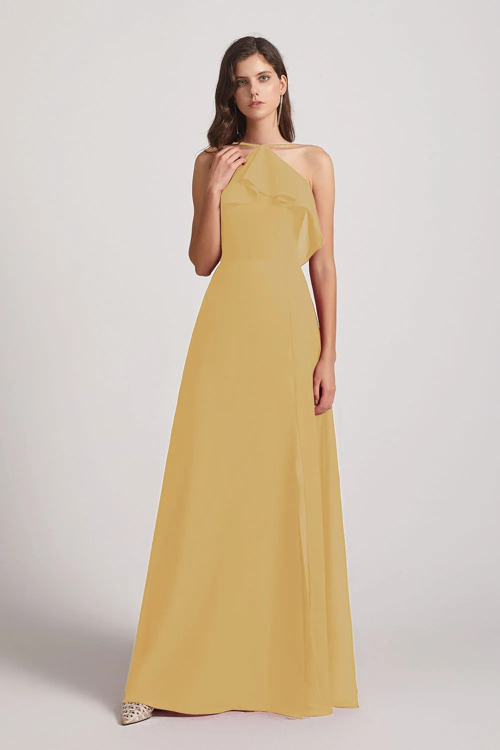 Ruffled Neckline Halter A-Line Chiffon Bridesmaid Dresses (AF0022)