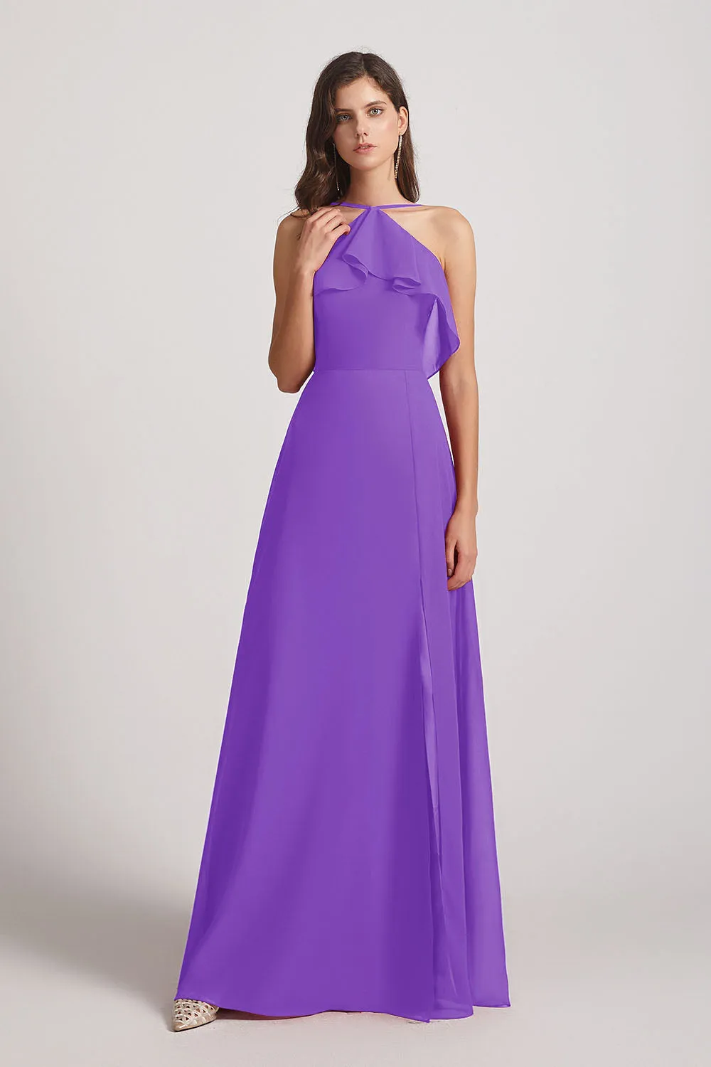 Ruffled Neckline Halter A-Line Chiffon Bridesmaid Dresses (AF0022)