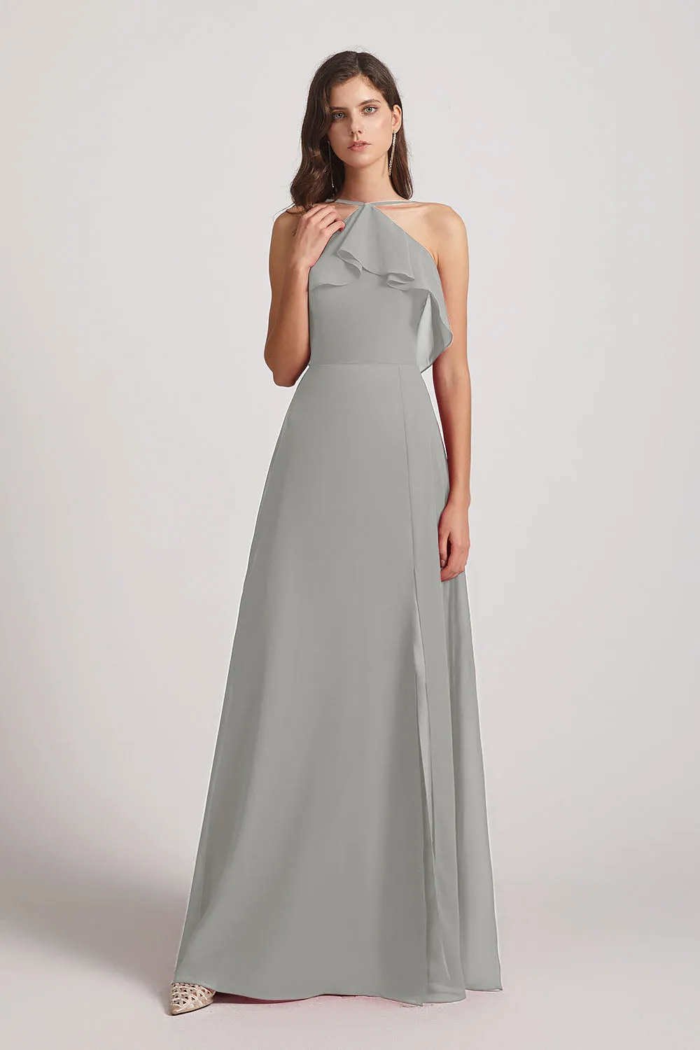 Ruffled Neckline Halter A-Line Chiffon Bridesmaid Dresses (AF0022)