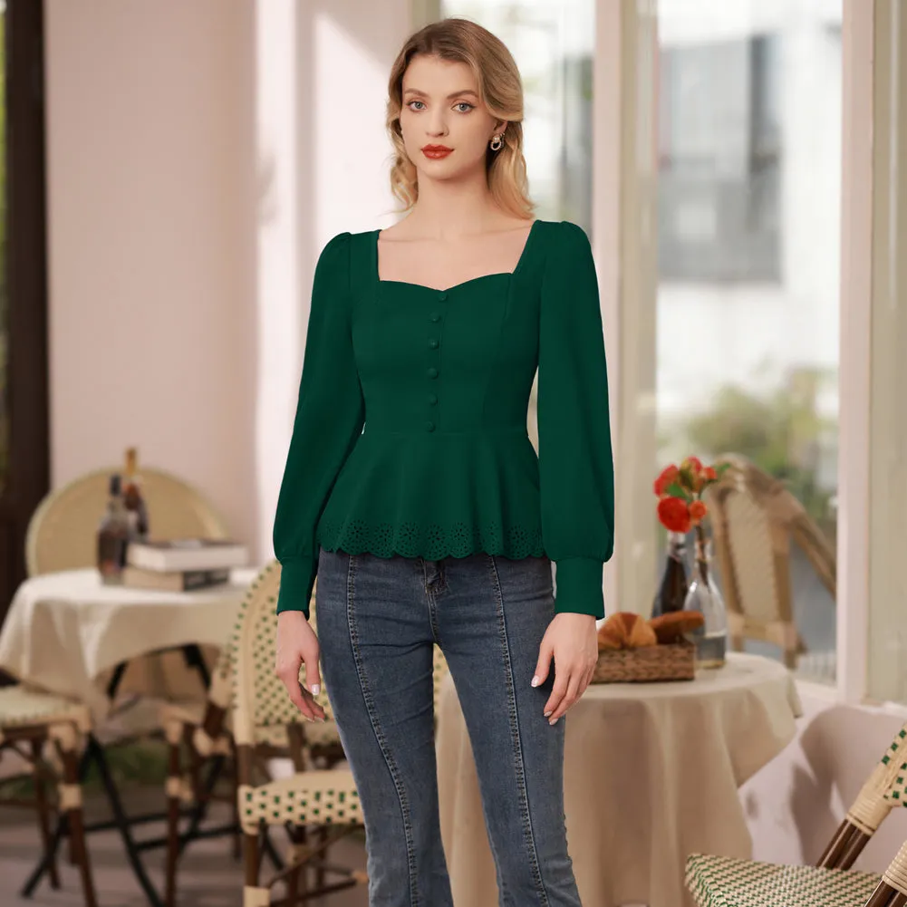 Seckill Offer⌛Vintage Burn-out Hem Tops Long Lantern Sleeve Square Neck Peplum Tops