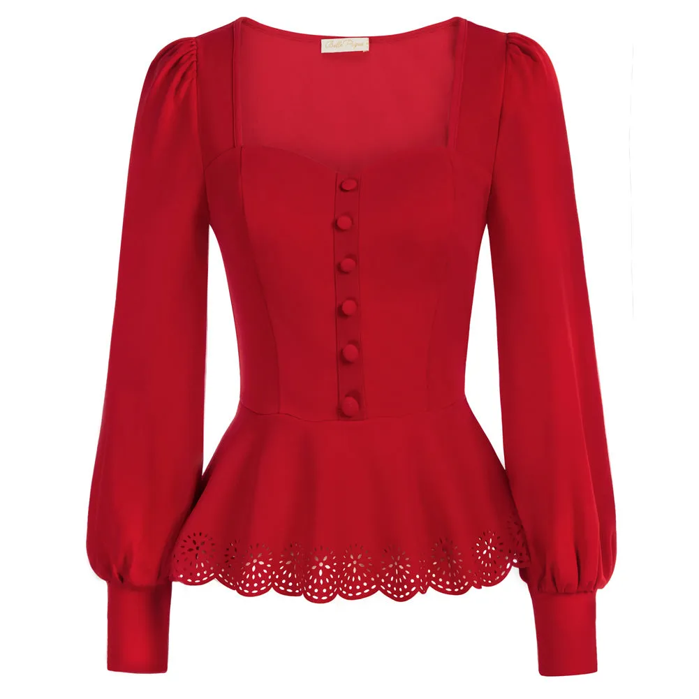 Seckill Offer⌛Vintage Burn-out Hem Tops Long Lantern Sleeve Square Neck Peplum Tops