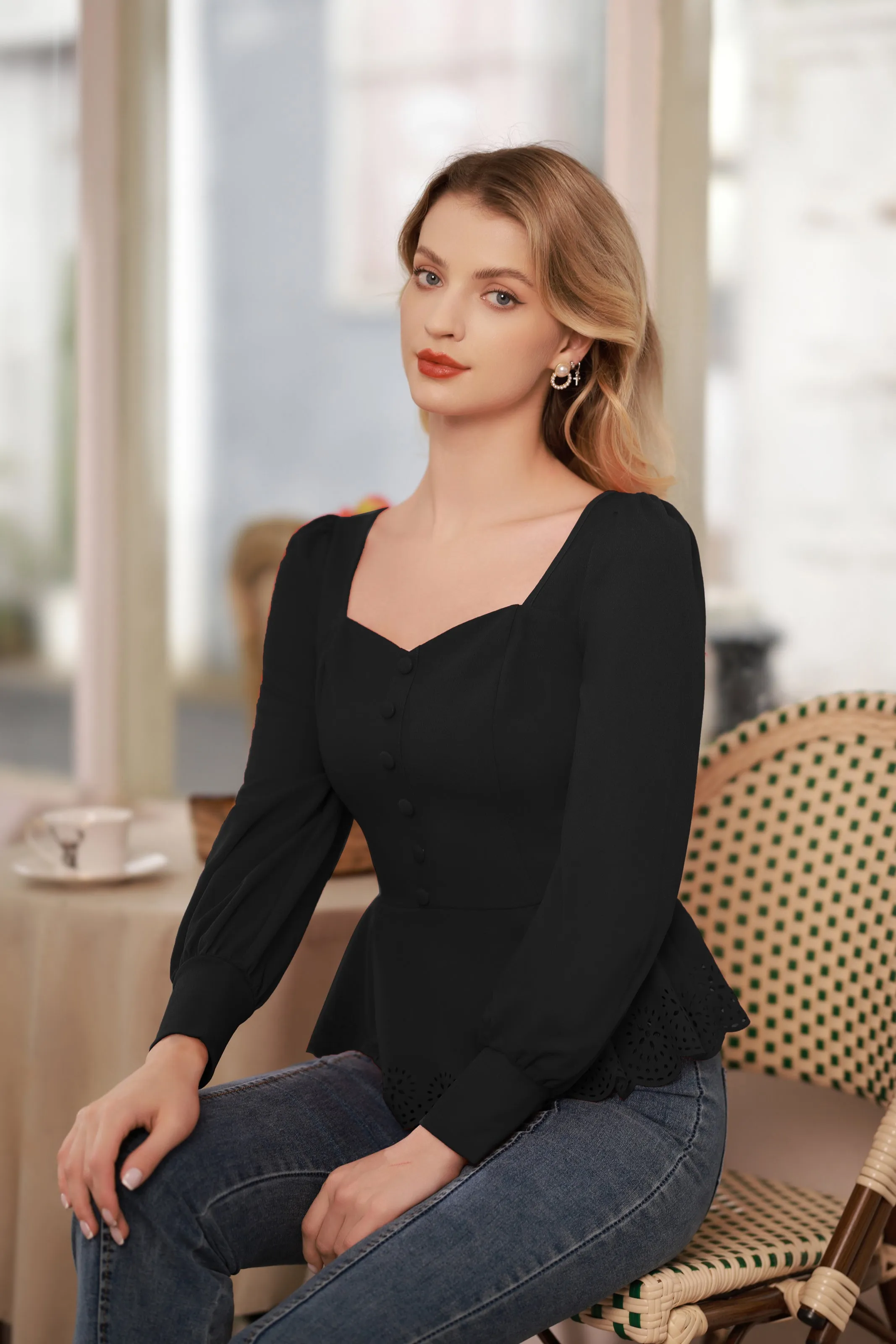 Seckill Offer⌛Vintage Burn-out Hem Tops Long Lantern Sleeve Square Neck Peplum Tops