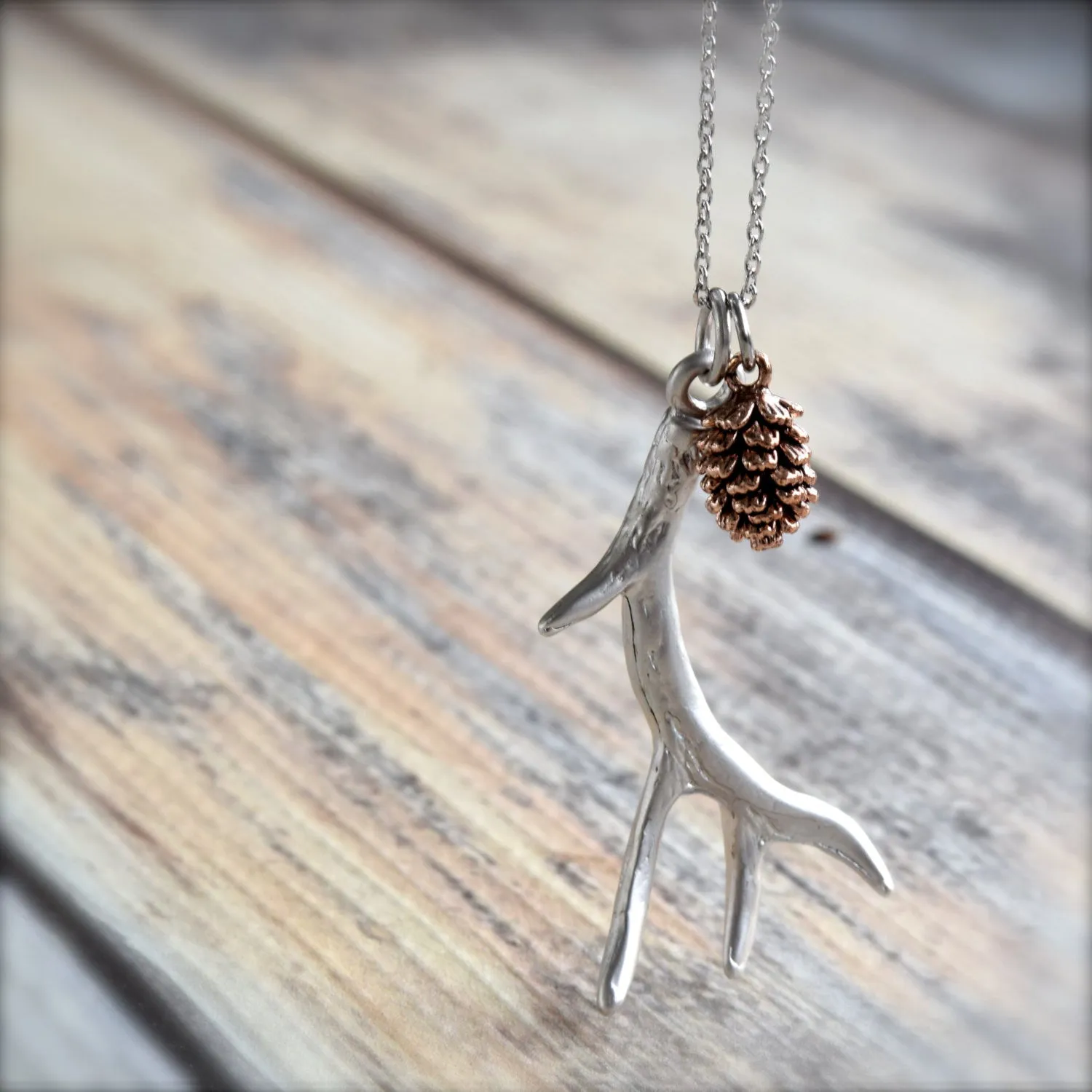 Silver Antler Necklace ~ Rose Gold Pinecone