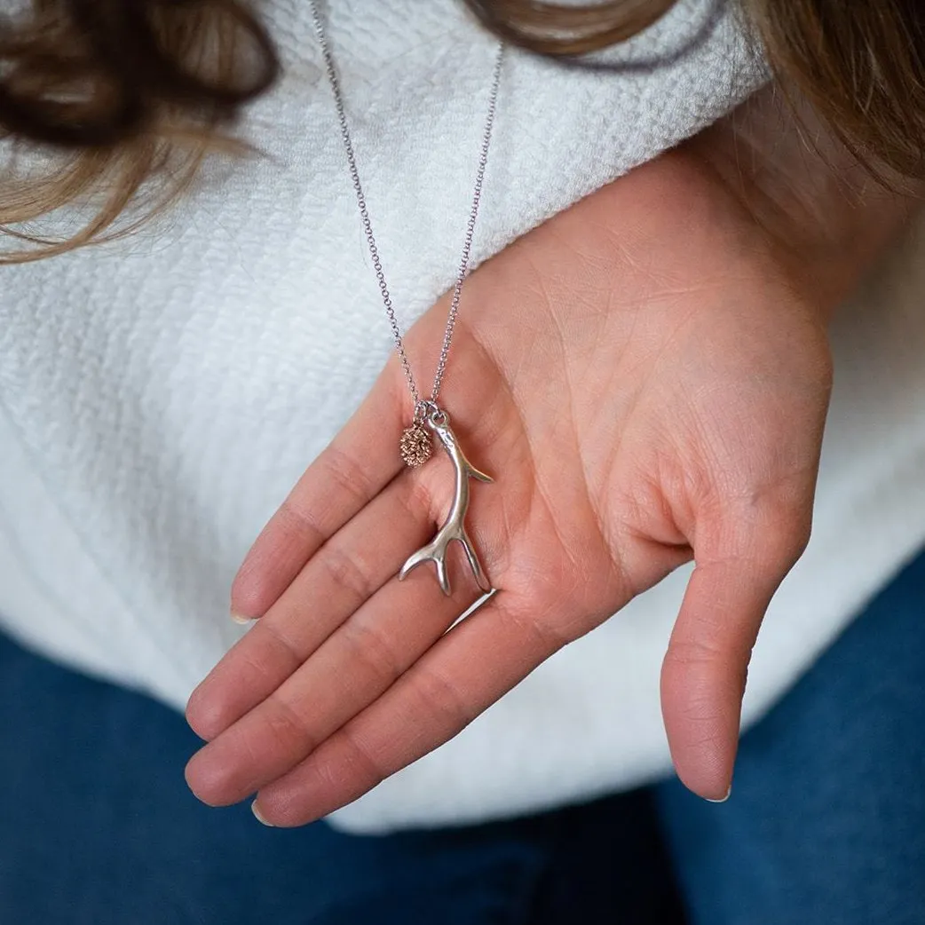 Silver Antler Necklace ~ Rose Gold Pinecone