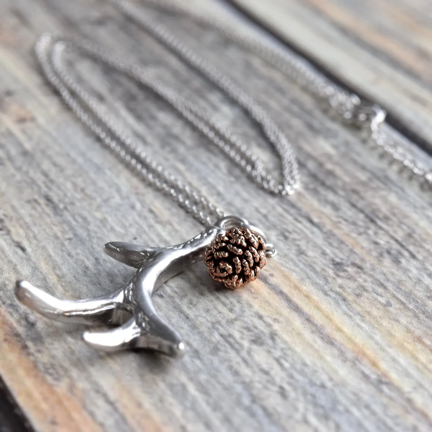 Silver Antler Necklace ~ Rose Gold Pinecone