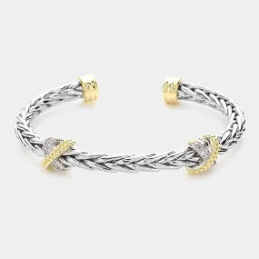 Silver Two Tone CZ Stone Paved Crisscross Braided Metal Cuff Bracelet