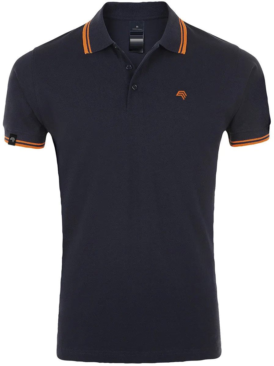 SLS 0577 ― Kontraststreifen Polo Shirt - Navy Blau / Neon Orange