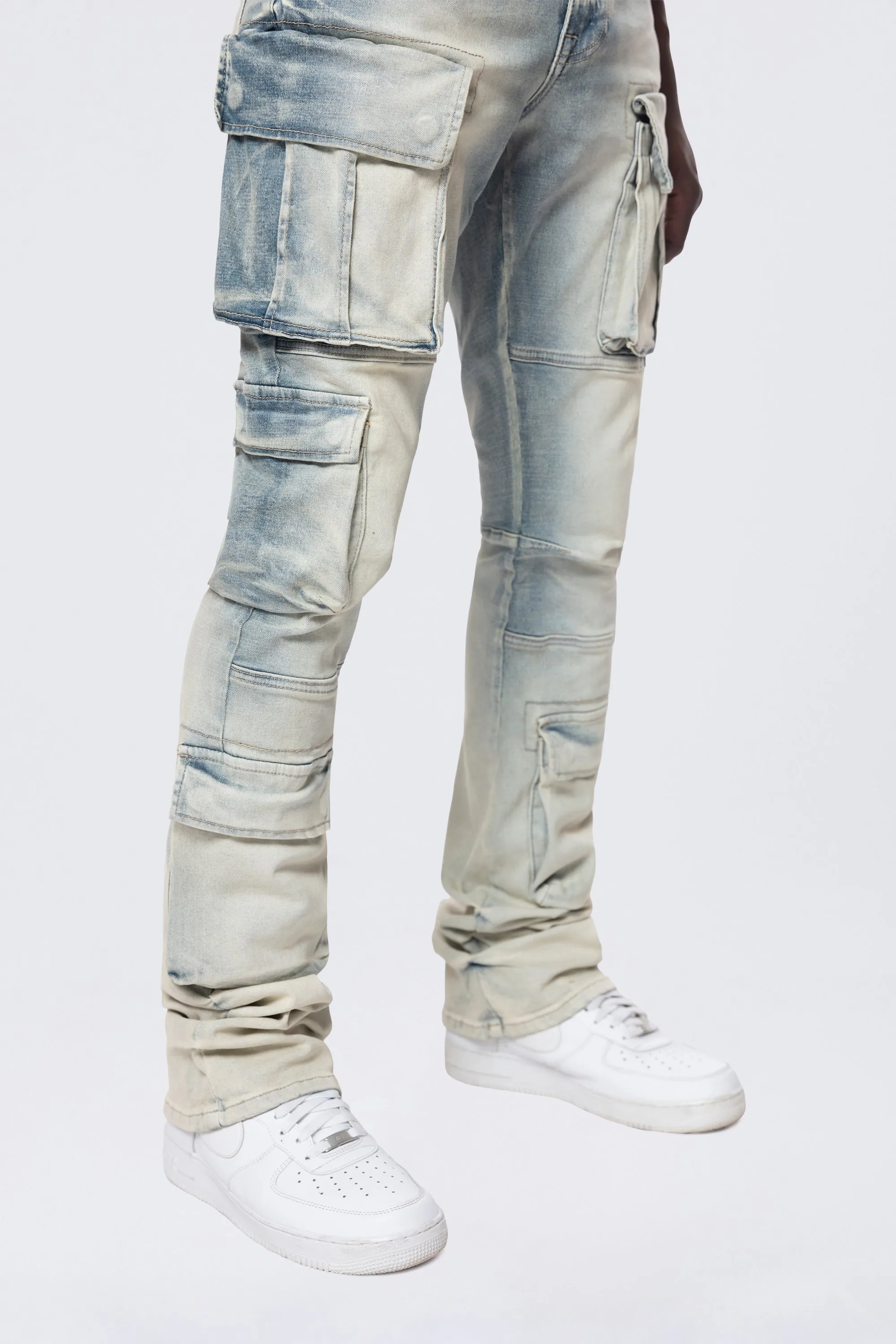 Stacked Utility Multi Pocket Cargo Jeans - Ombre Blue