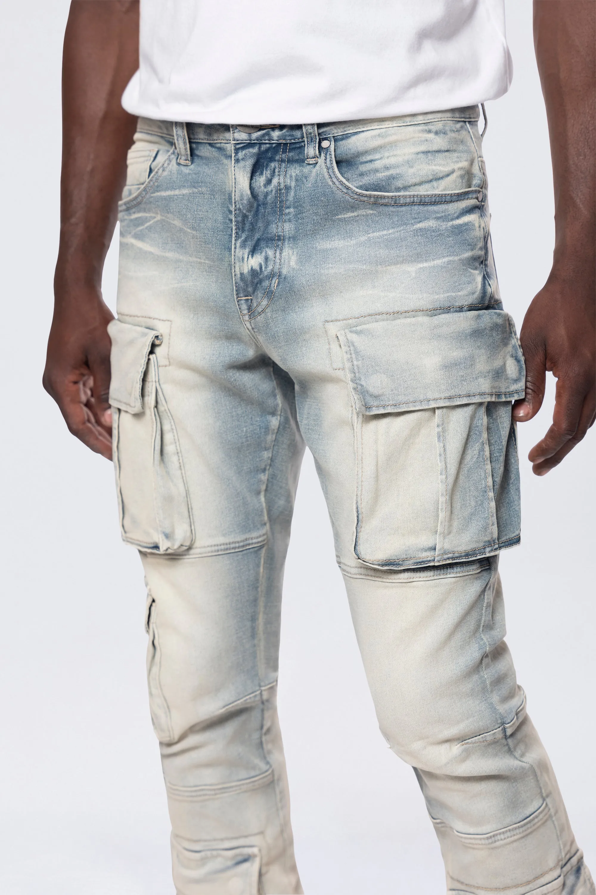 Stacked Utility Multi Pocket Cargo Jeans - Ombre Blue