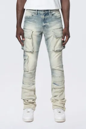 Stacked Utility Multi Pocket Cargo Jeans - Ombre Blue