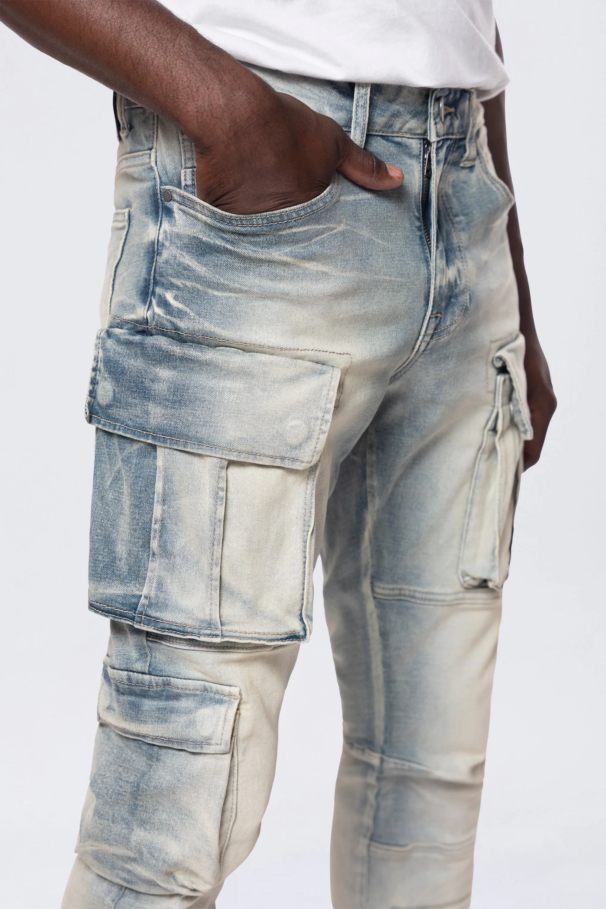 Stacked Utility Multi Pocket Cargo Jeans - Ombre Blue