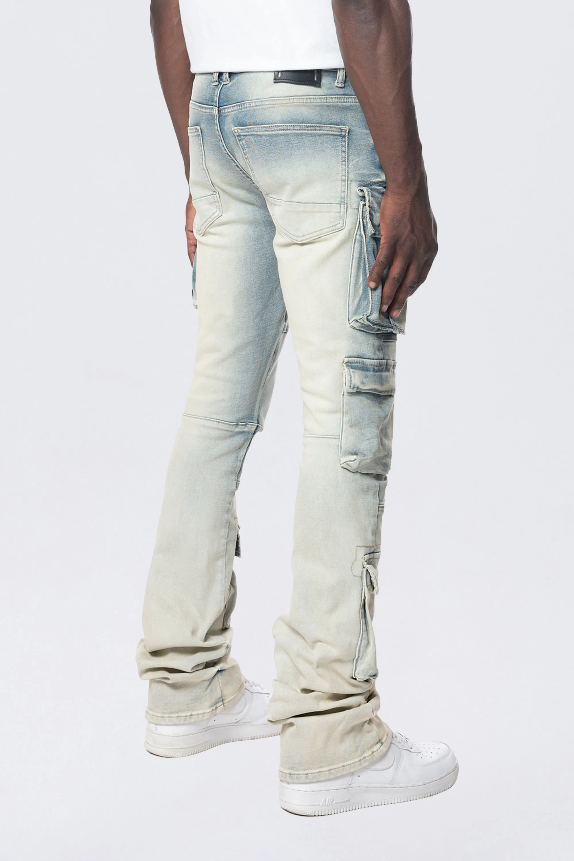 Stacked Utility Multi Pocket Cargo Jeans - Ombre Blue