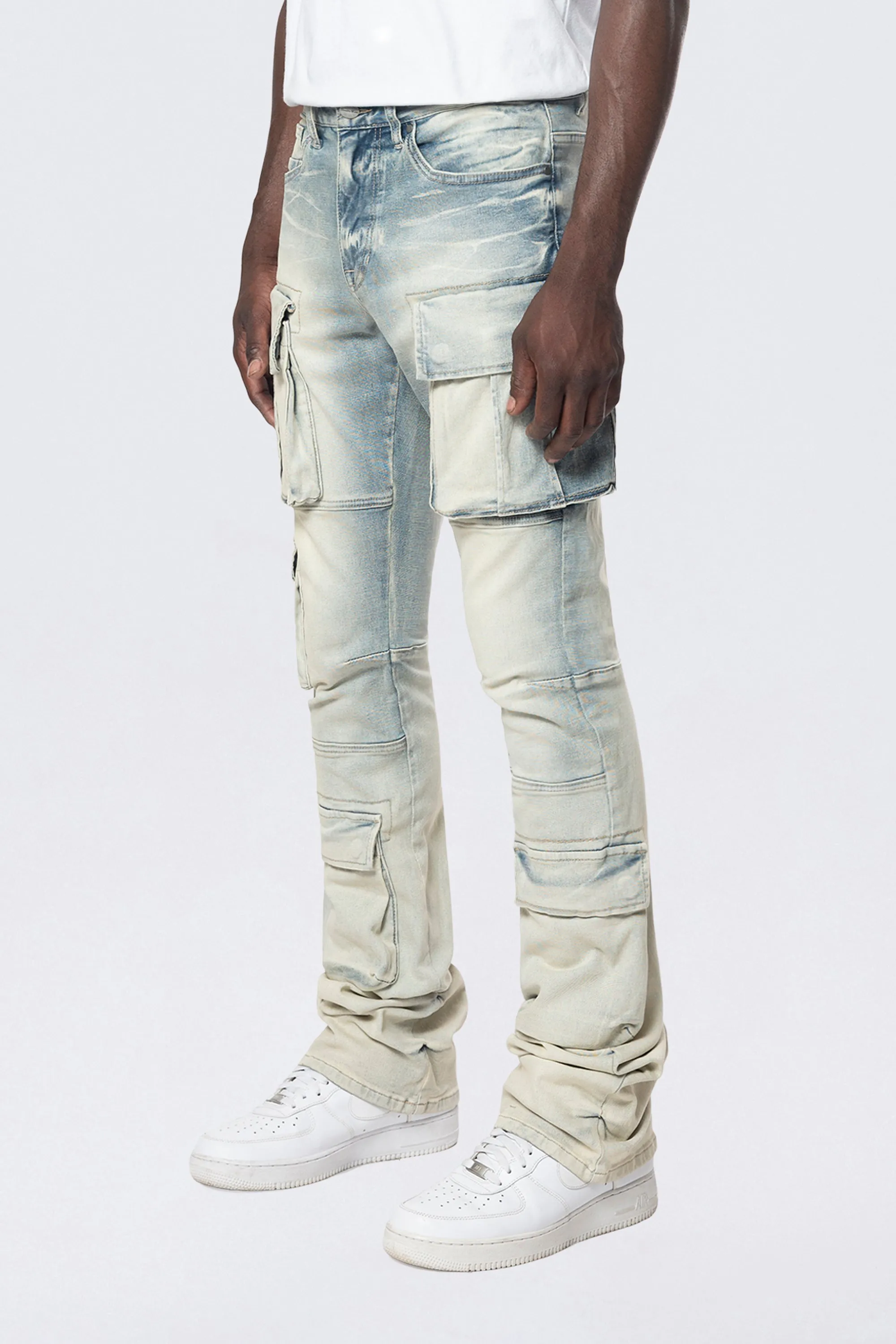 Stacked Utility Multi Pocket Cargo Jeans - Ombre Blue