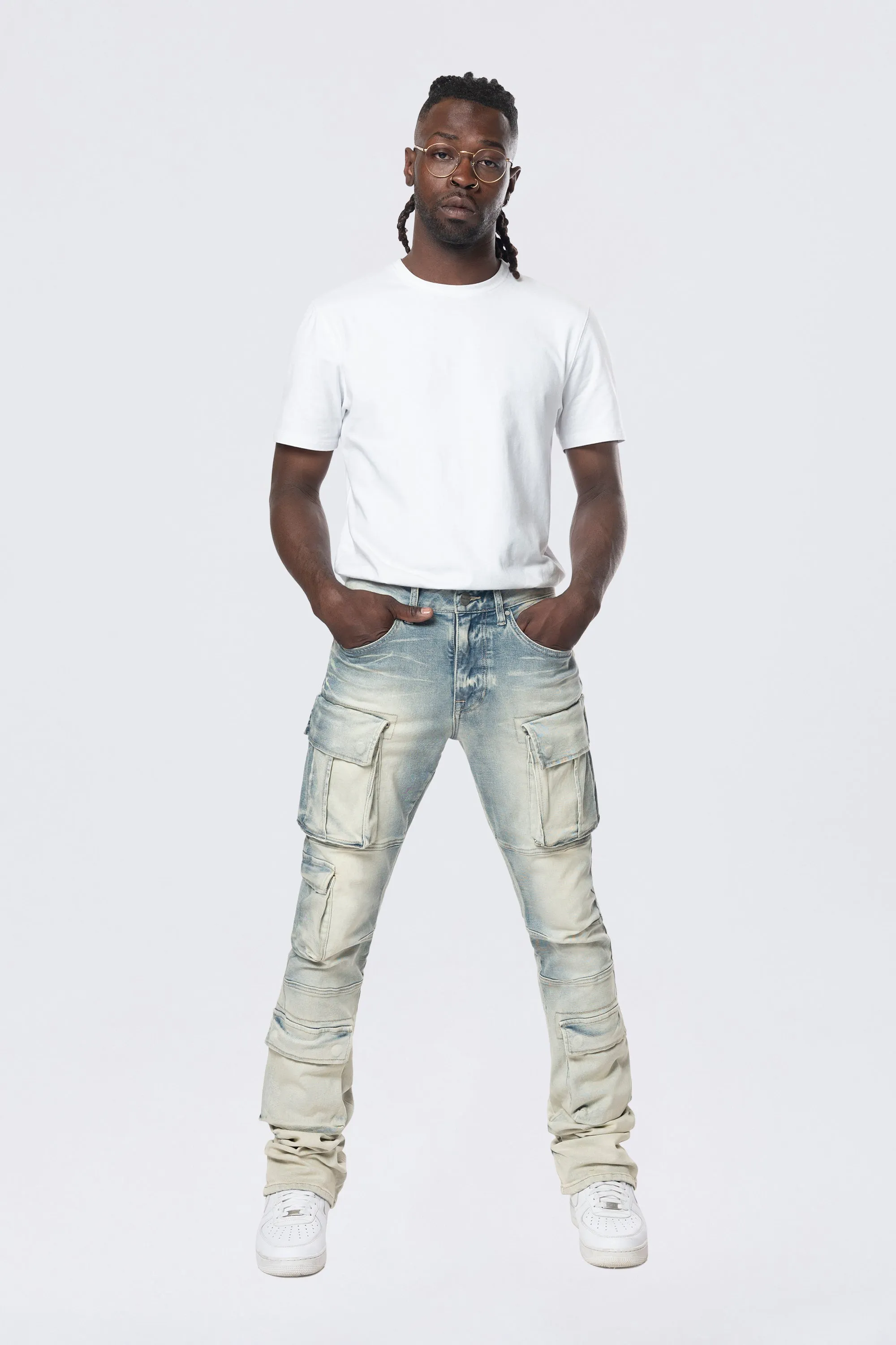 Stacked Utility Multi Pocket Cargo Jeans - Ombre Blue