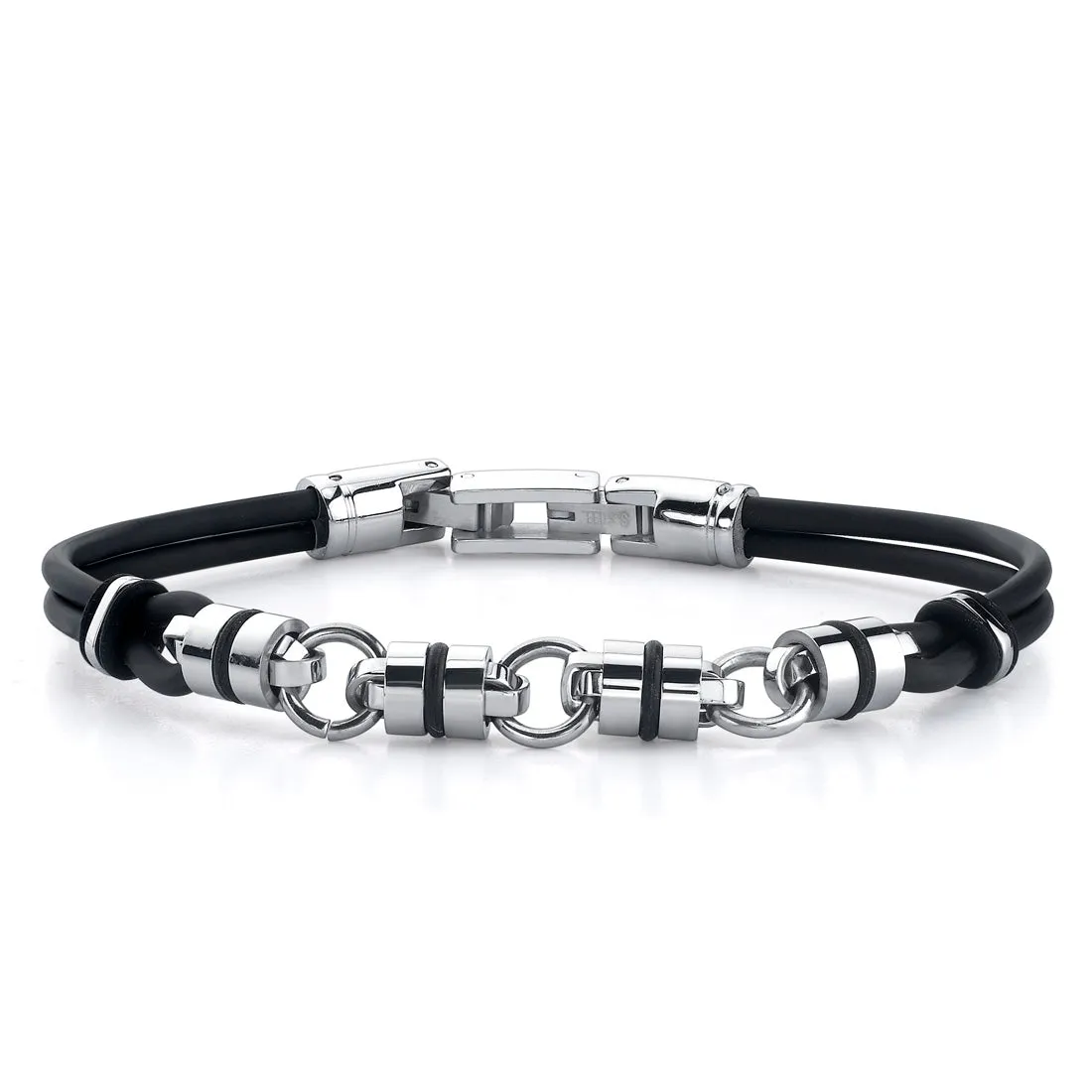 Stainless Steel Barrel Link Dual Rubber Cord Bracelet