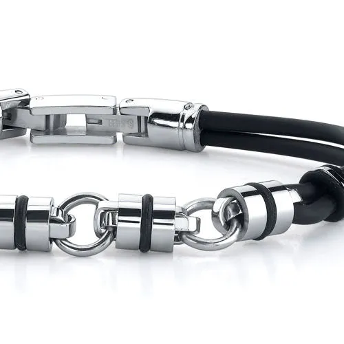 Stainless Steel Barrel Link Dual Rubber Cord Bracelet