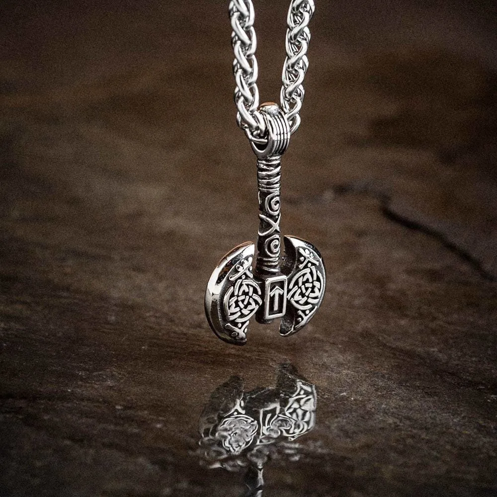 Stainless Steel Double Headed Axe and Tiwaz Rune Necklace