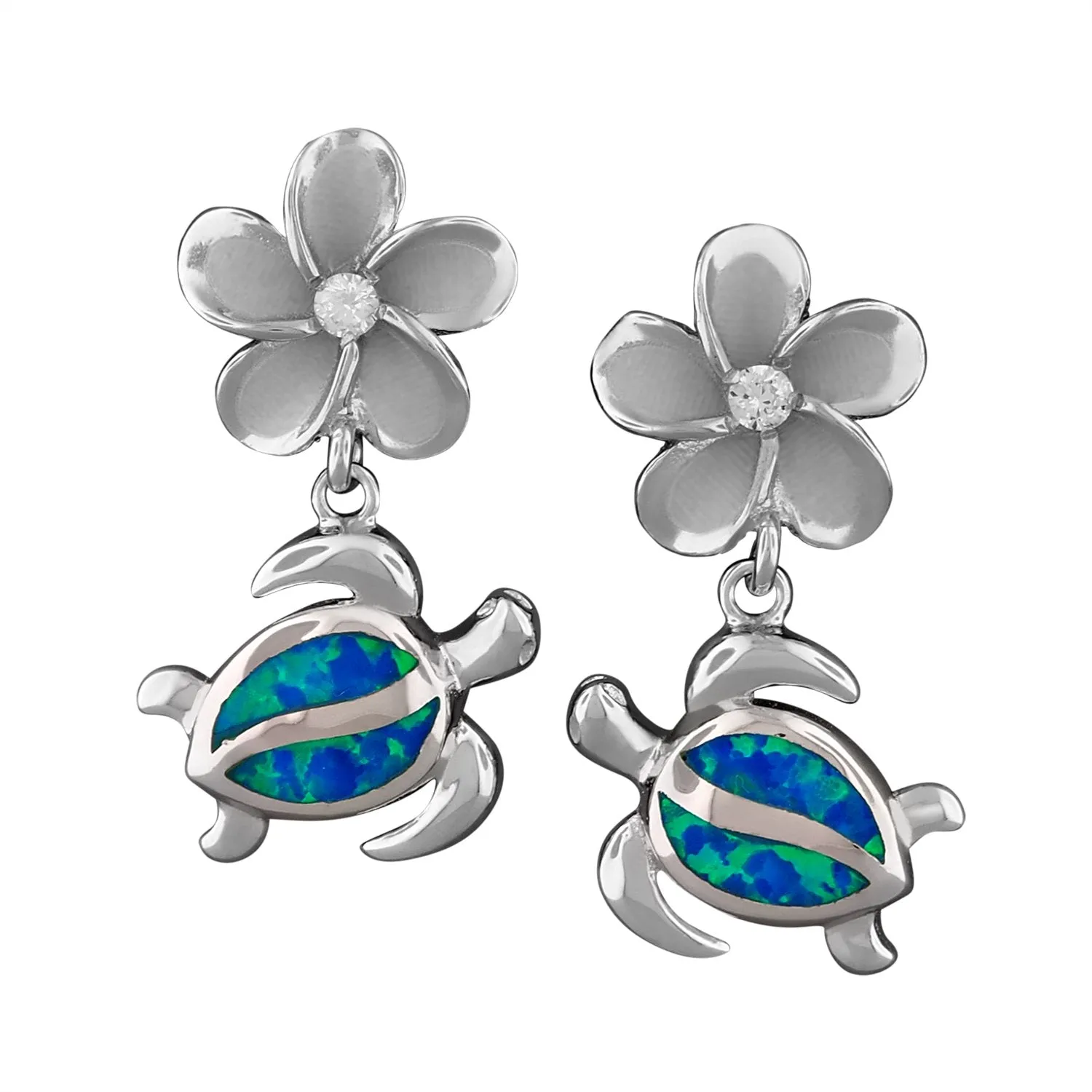 Sterling Silver Synthetic Blue Opal Plumeria Turtle Dangle Earrings