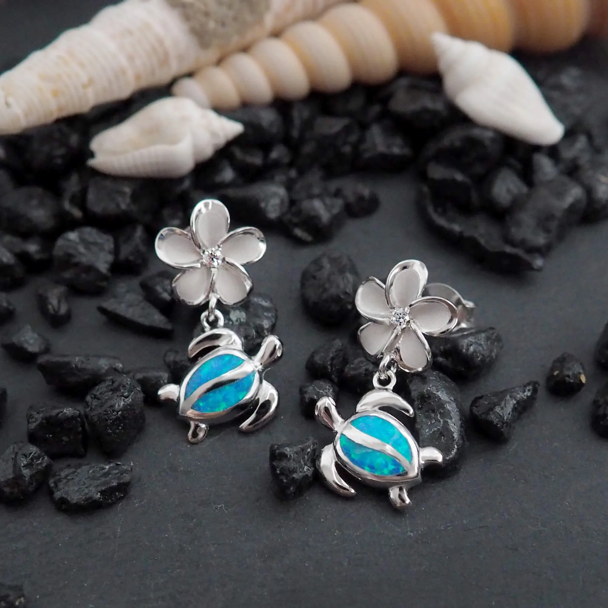 Sterling Silver Synthetic Blue Opal Plumeria Turtle Dangle Earrings