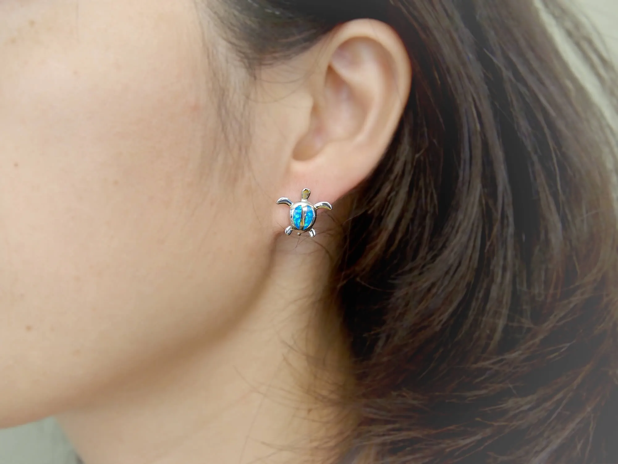 Sterling Silver Synthetic Blue Opal Turtle Stud Earrings