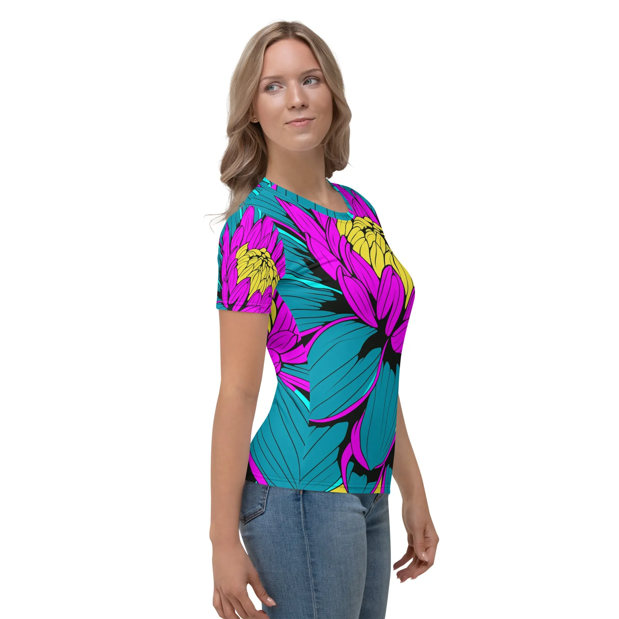 Unleash Your Inner Pop Art Fan with Women's Dahlia Print BJJ Short Sleeve Rash Guard 001