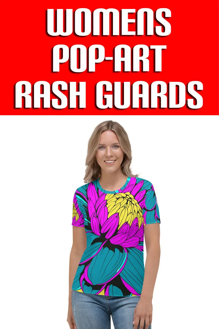 Unleash Your Inner Pop Art Fan with Women's Dahlia Print BJJ Short Sleeve Rash Guard 001