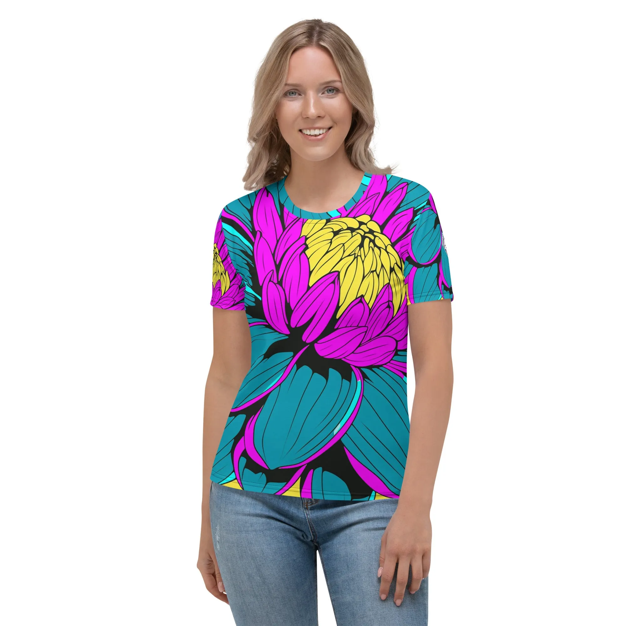 Unleash Your Inner Pop Art Fan with Women's Dahlia Print BJJ Short Sleeve Rash Guard 001