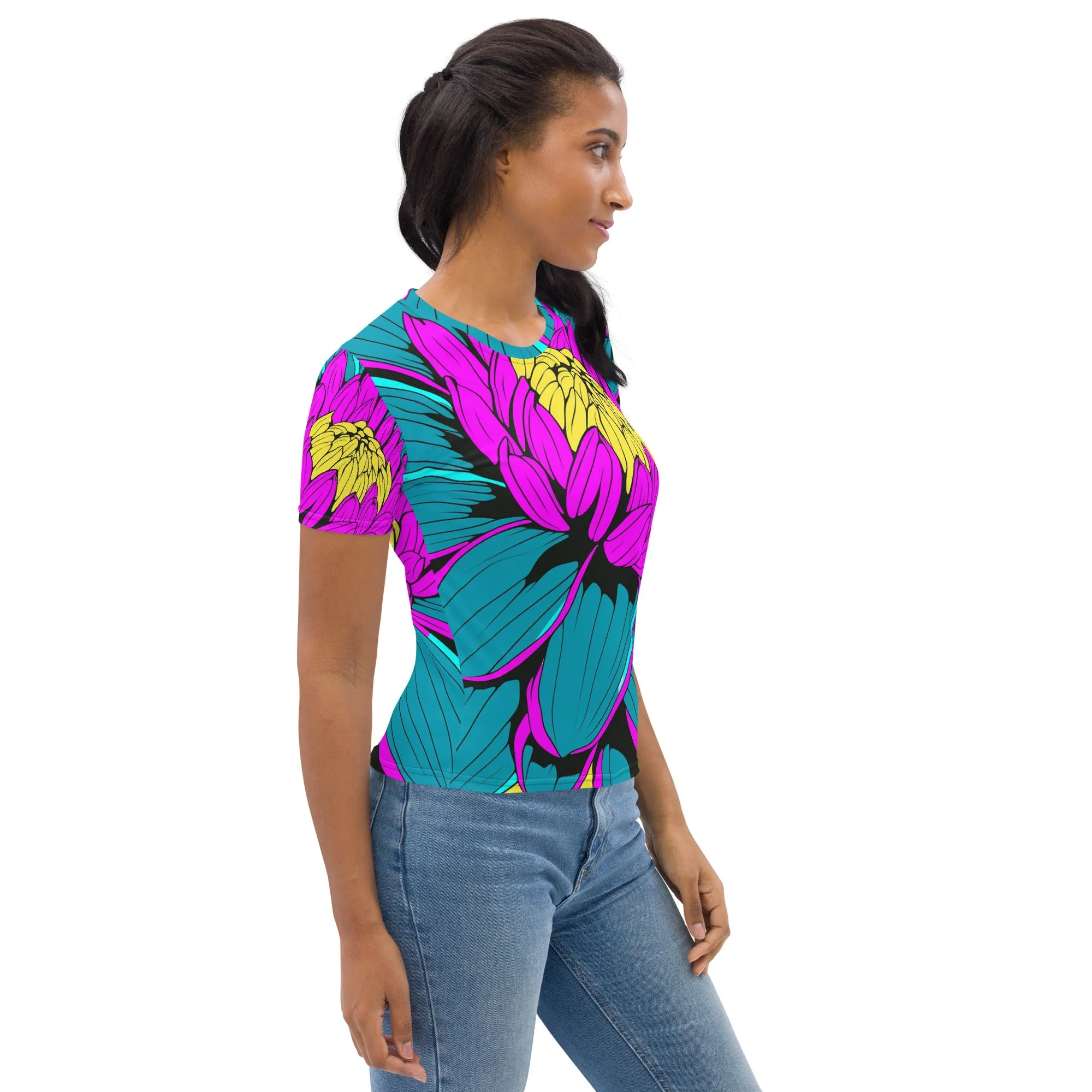 Unleash Your Inner Pop Art Fan with Women's Dahlia Print BJJ Short Sleeve Rash Guard 001