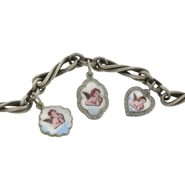 Victorian Silver & Enamel Cherub Charm Bracelet