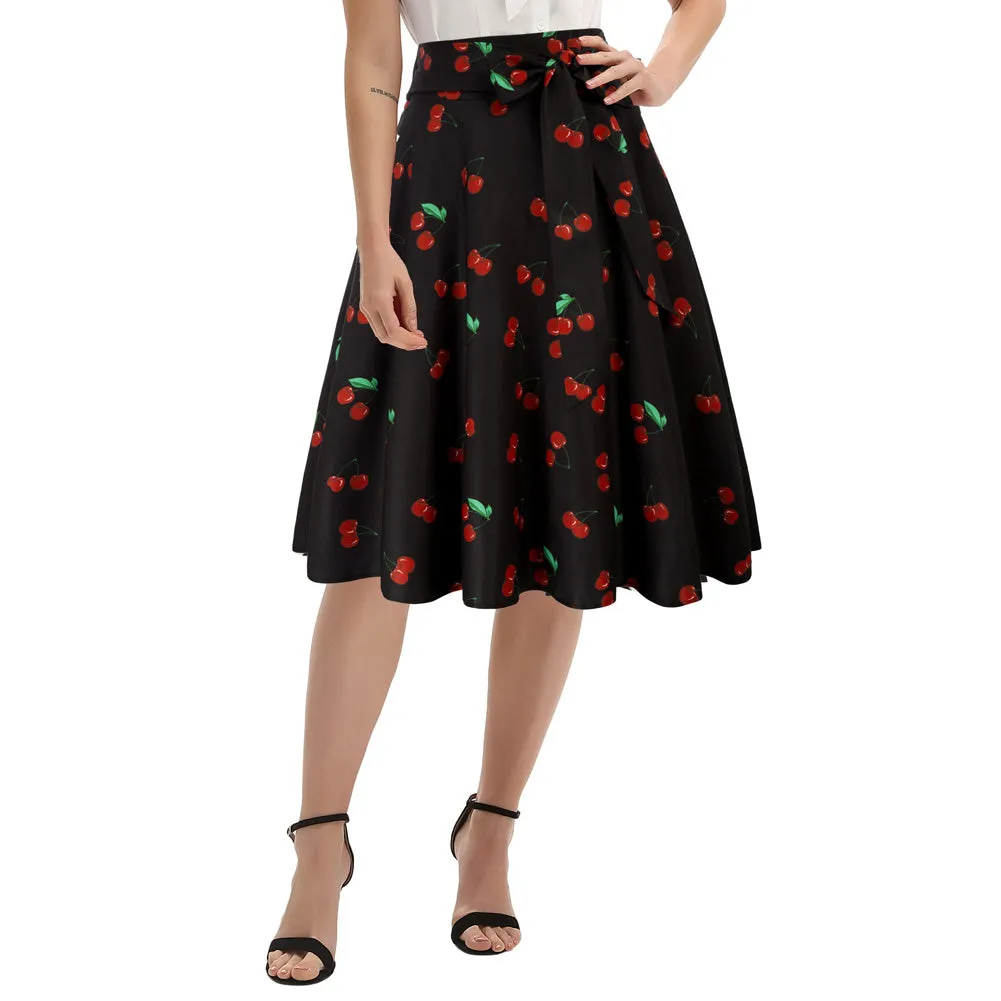 Vintage Cherry Patterns High Waist A-Line Pockets Skirt Skater Flared Midi Skirts