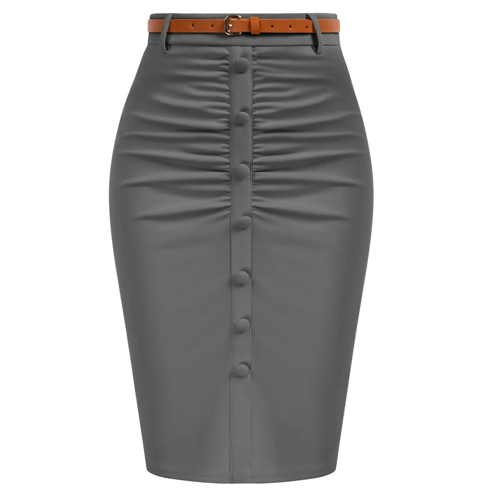 Vintage High Waist Front Slit Knee Length Ruched Pencil Skirt with Belt