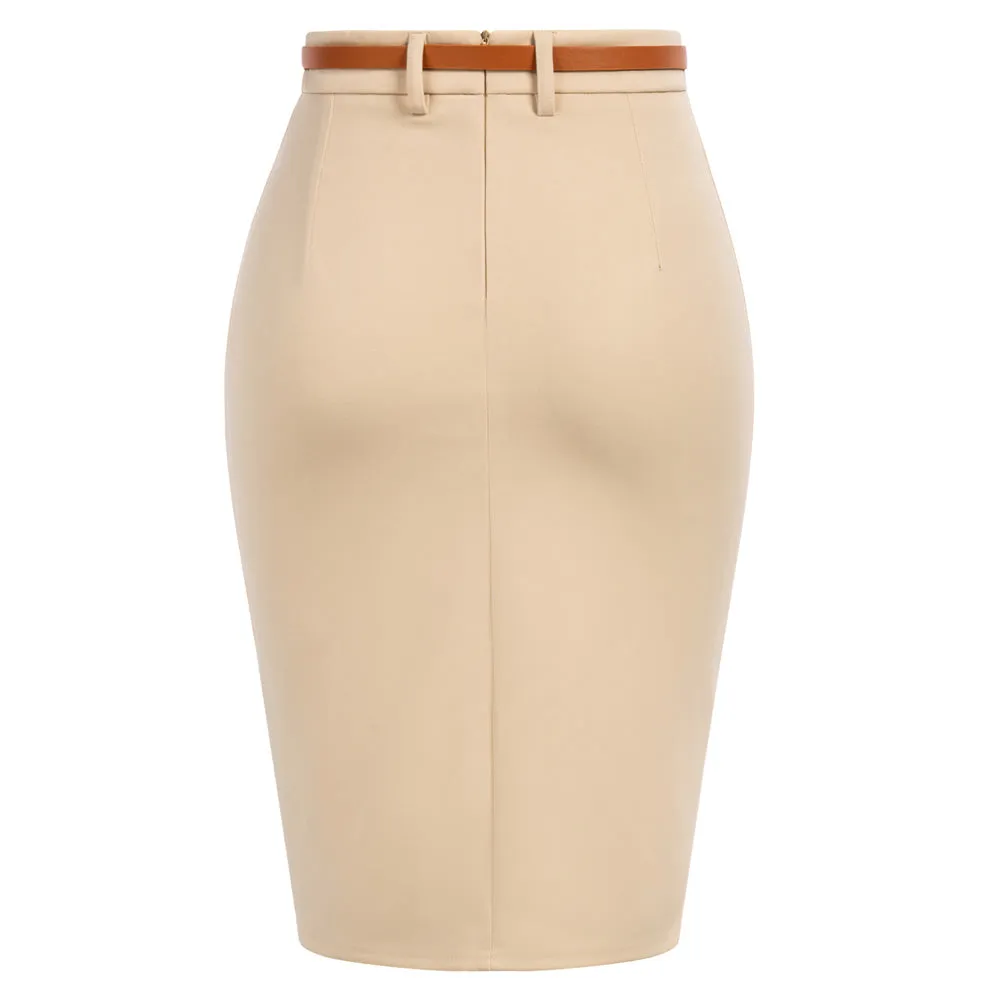 Vintage High Waist Front Slit Knee Length Ruched Pencil Skirt with Belt