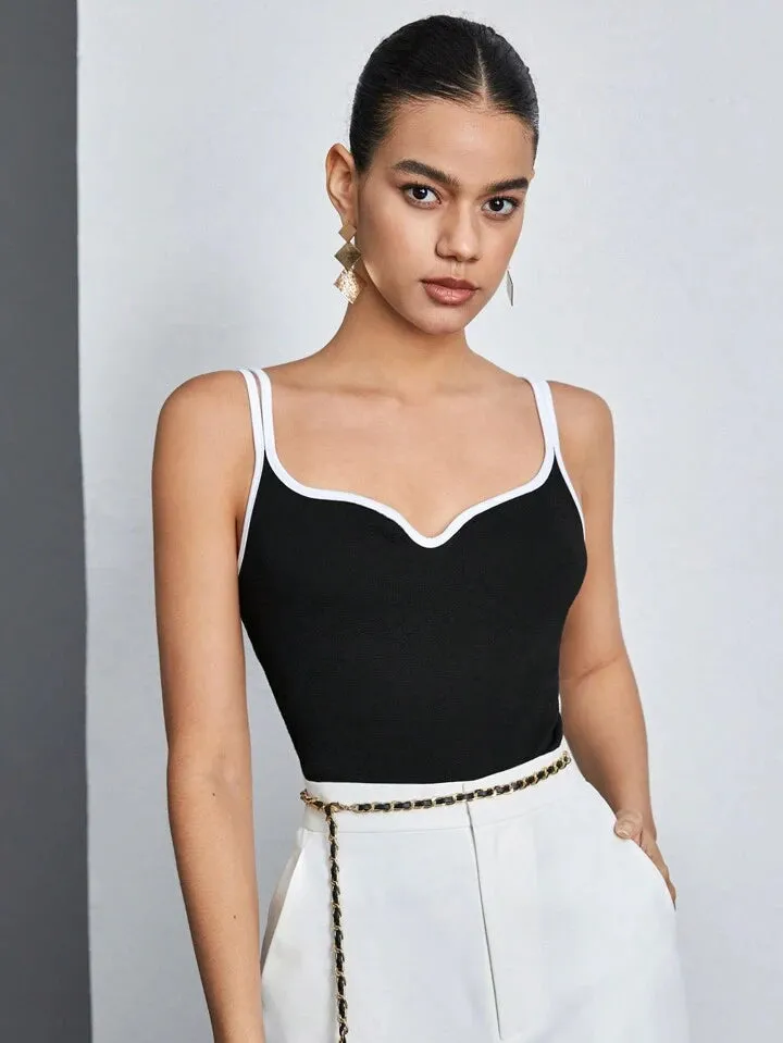 White & contrast trim heart neckline black cami top