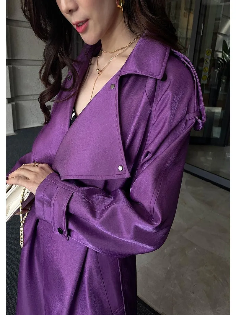 Women Purple Oversize Belted Long Trench Coat