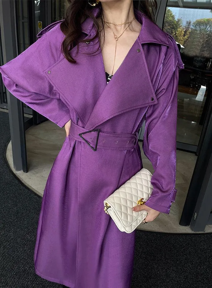 Women Purple Oversize Belted Long Trench Coat