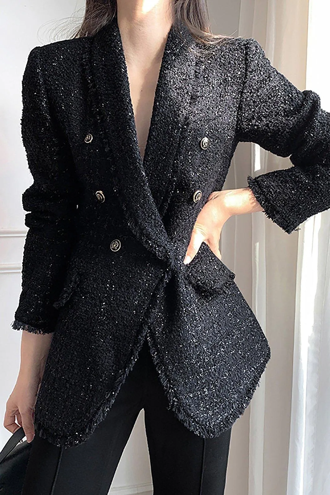 Women Tweed Blazer jacket,White Fitted Tweed Jacket,Black Tweed Blazer Suit,Double breasted Coat,Autumn Winter Jacket Coat,Wedding Suit