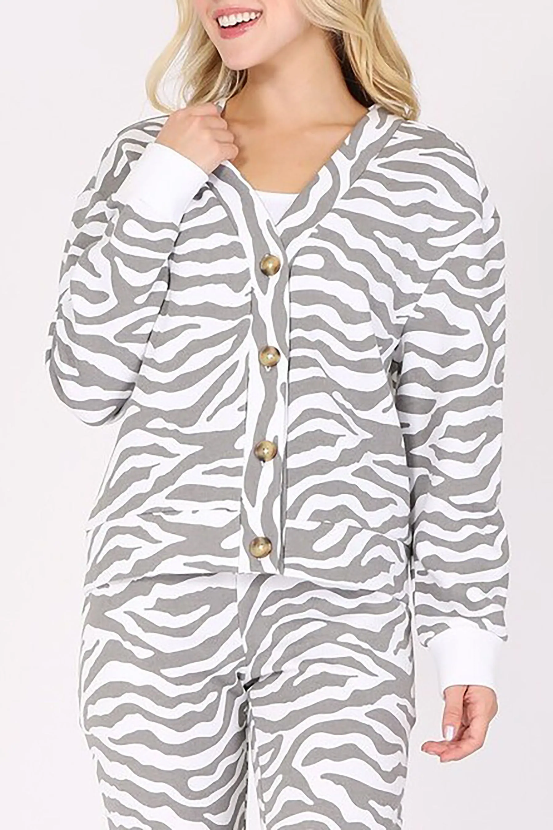 Women's Buttoned V Neck Animal Print Fleece Cardigan