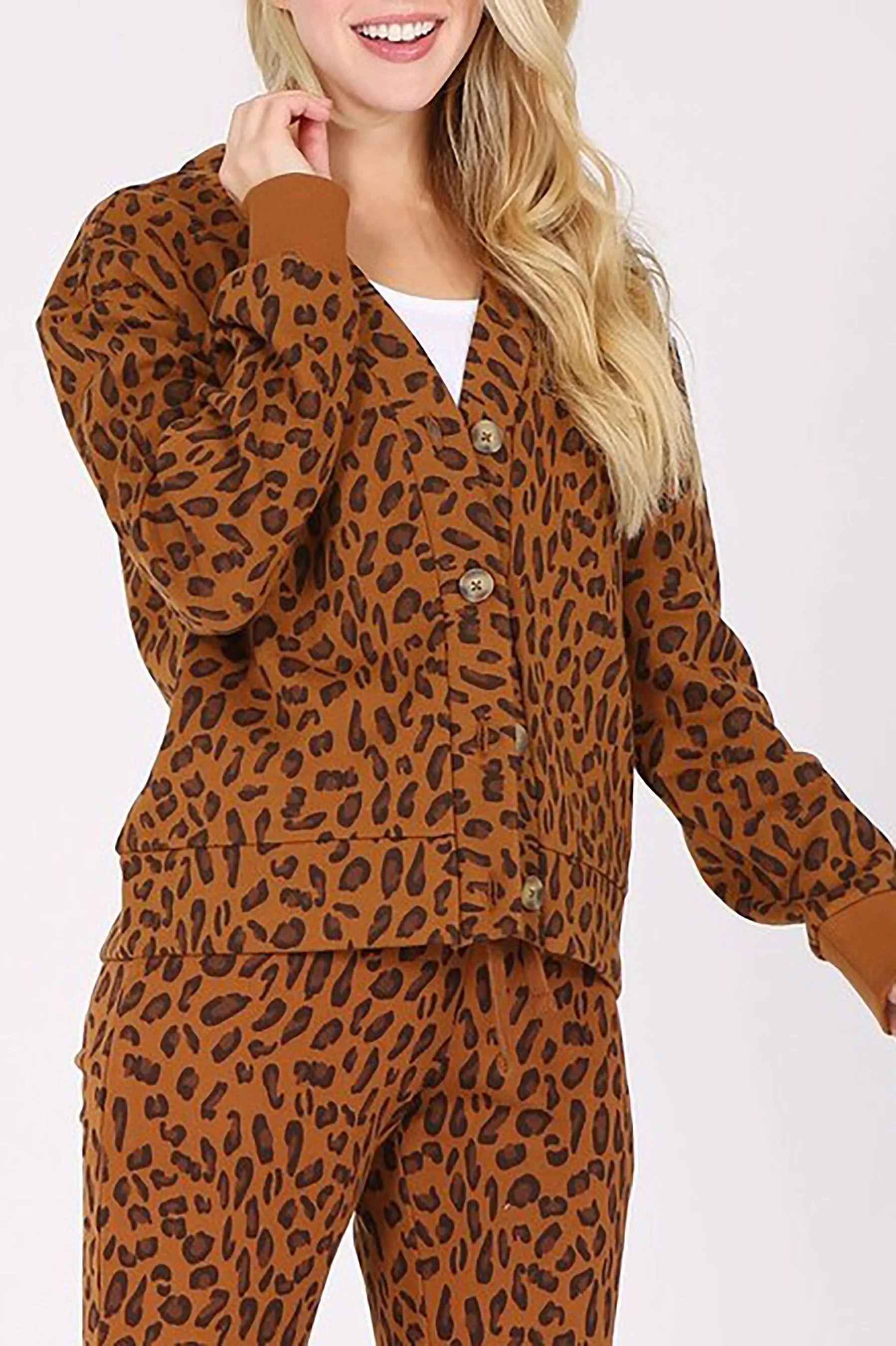 Women's Buttoned V Neck Animal Print Fleece Cardigan